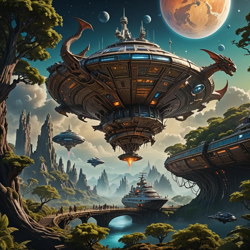 Alien Princess Spaceship with Dragon, Matte Painting