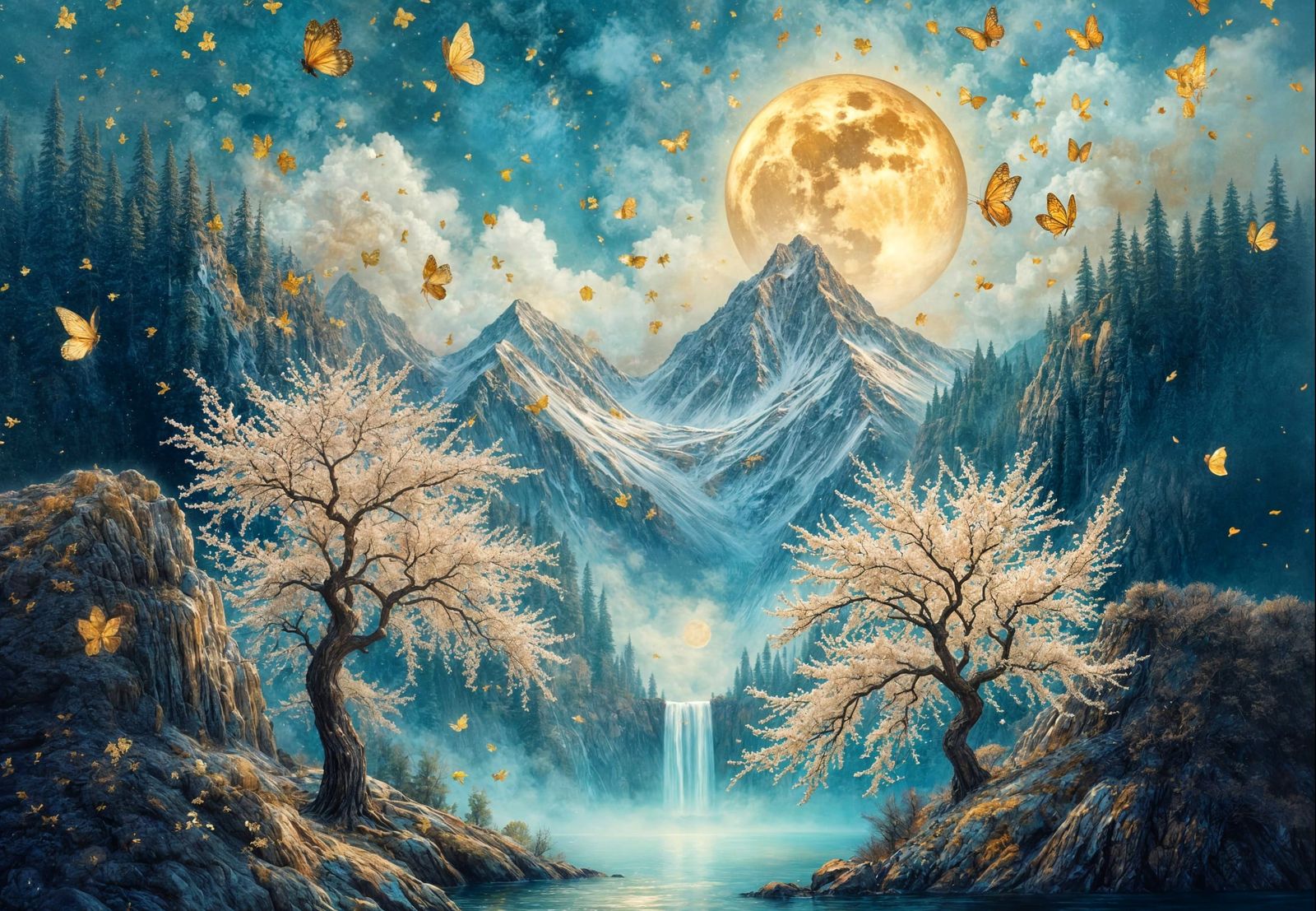 Ethereal White Almond Blossoms Under Pearly Moon