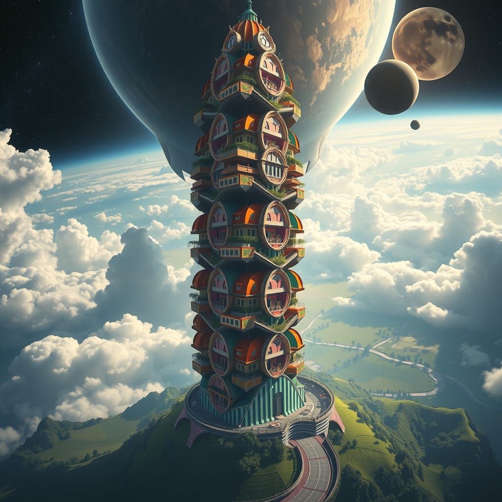Surreal Tower of Extravagant Houses Reaching for Space