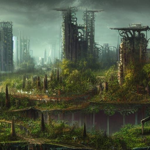 Post-Nuclear City Overgrown with Plants