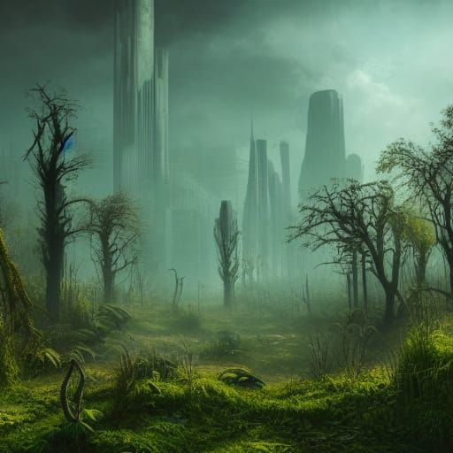 Post-Nuclear City Overgrown with Plants