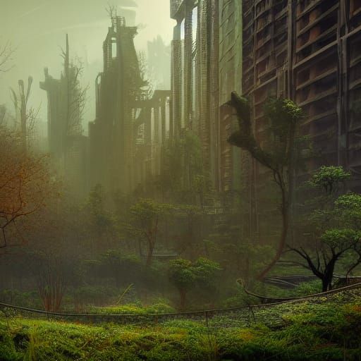 Post-Nuclear City Overgrown with Plants