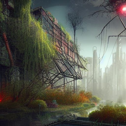 Post-Nuclear City Overgrown, Detailed Matte Painting