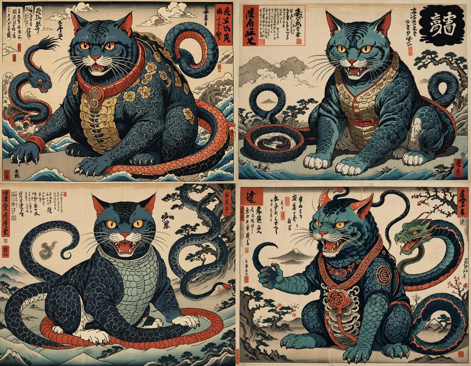 Mythical Feline Serpent Hybrid in Ukiyo-e Style