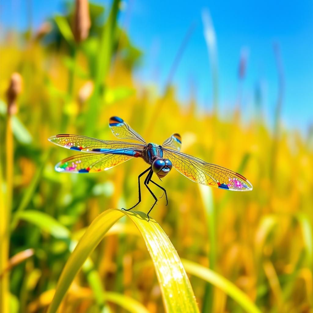 Iridescent Dragonfly in Sunlit Meadow, Watercolor Style