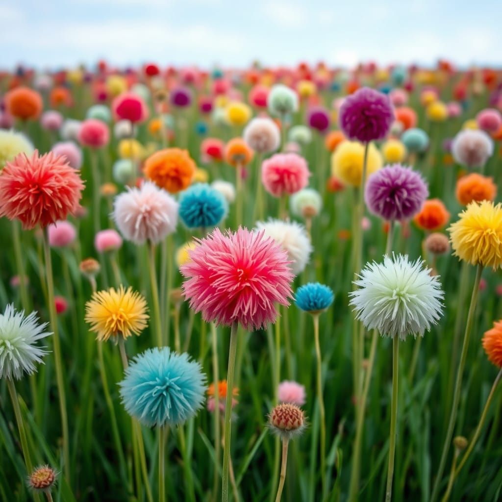 Colorful Pom Pom Field in Illustrative Style