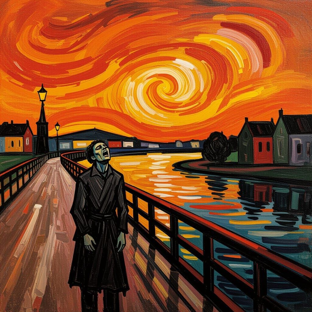 Figure's Despair on Bridge in Expressionist Style