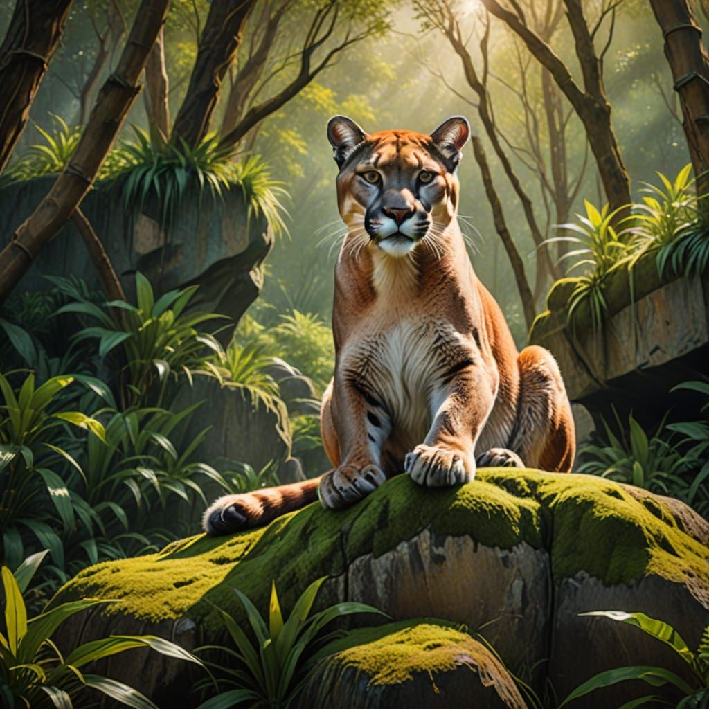 Cougar on Mossy Rock in Lush Zoo Setting