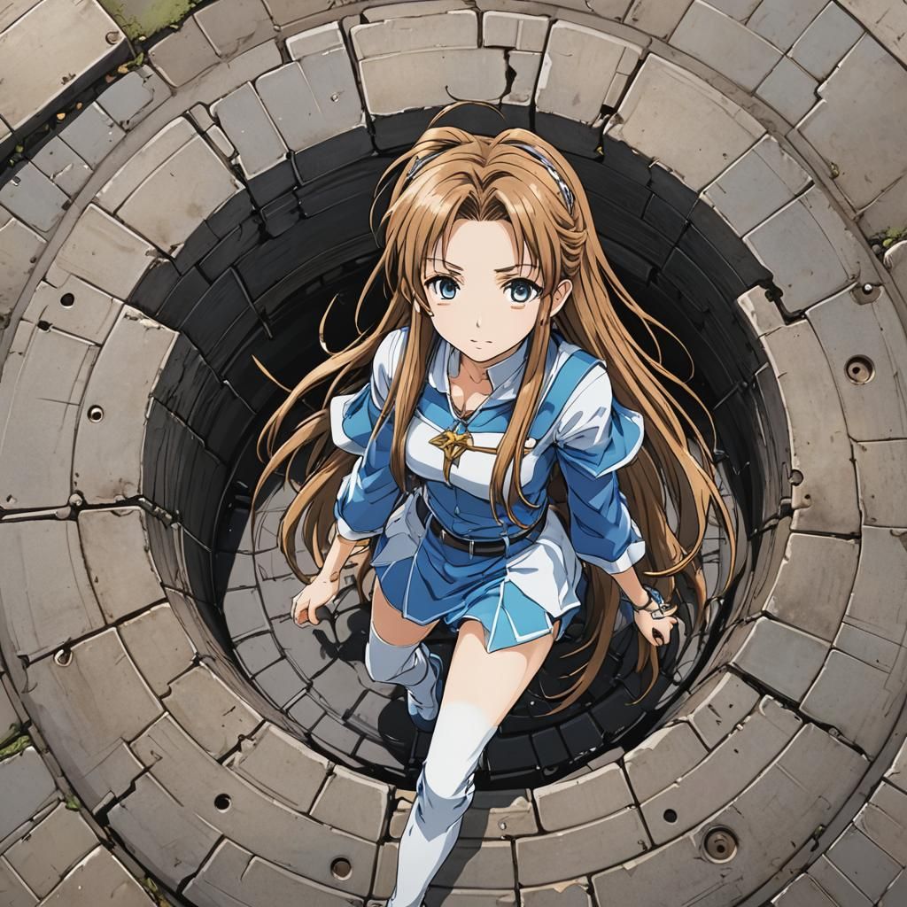 belldandy walking into an open manhole