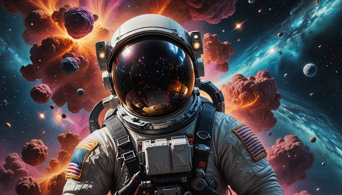 Astronaut Drifting Through a Vibrant Nebula