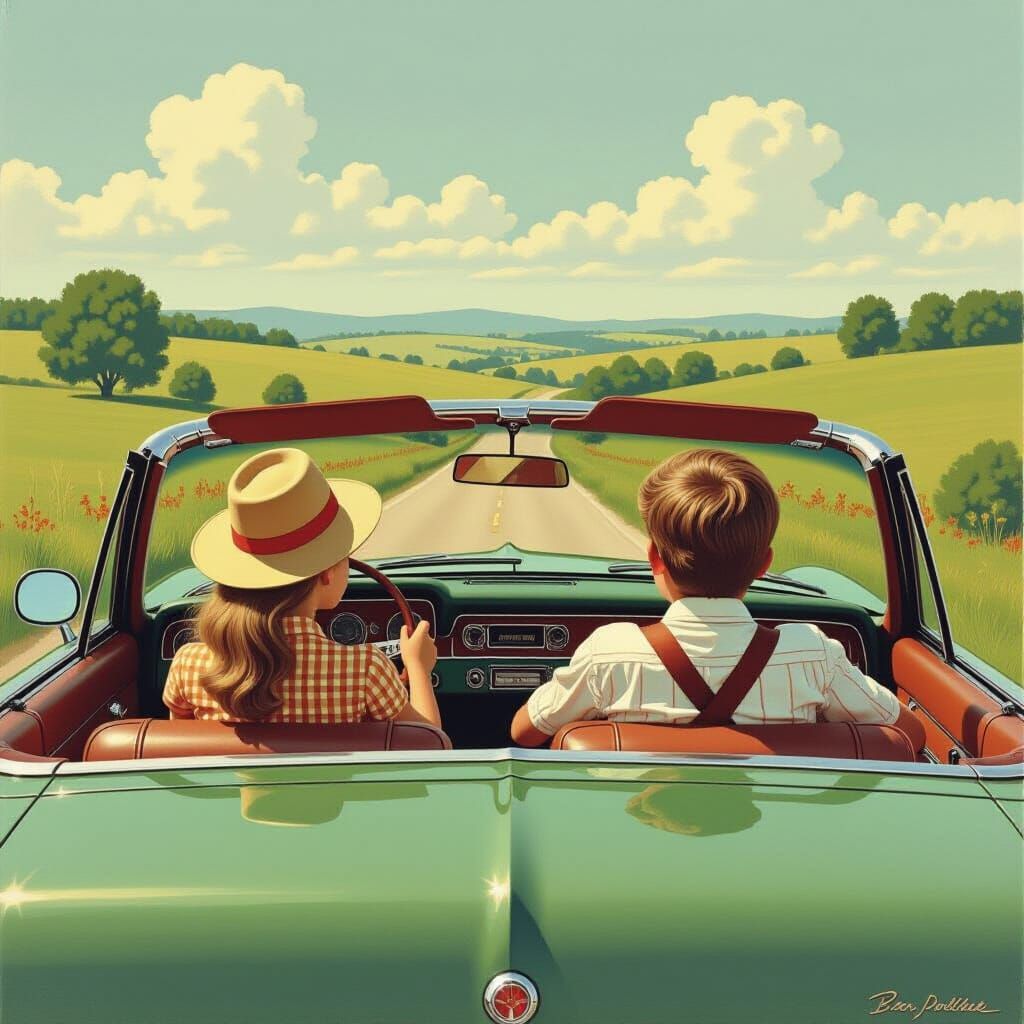 Children in Vintage Car, 1970s Style, Nostalgic Landscape