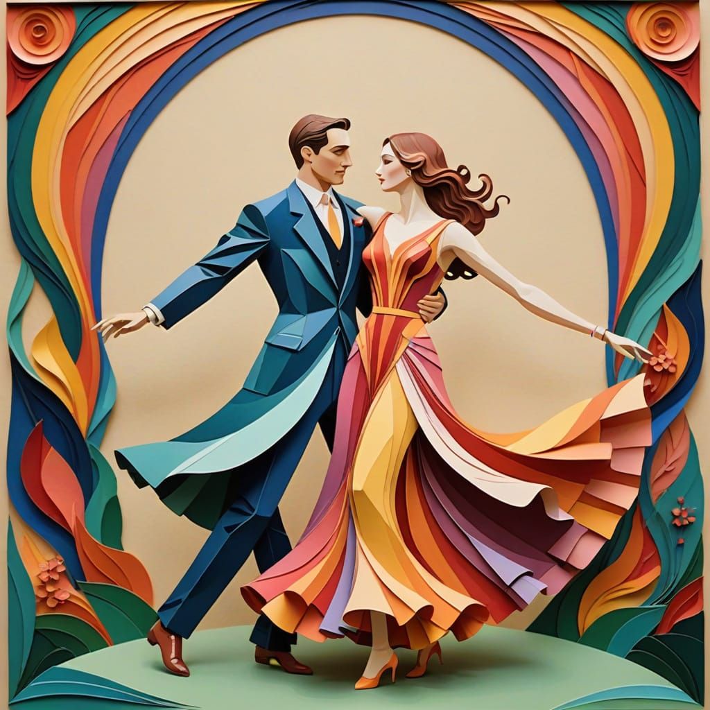 Dazzling Neo-Romantic Couple Dance in Vibrant Art Deco Paper...