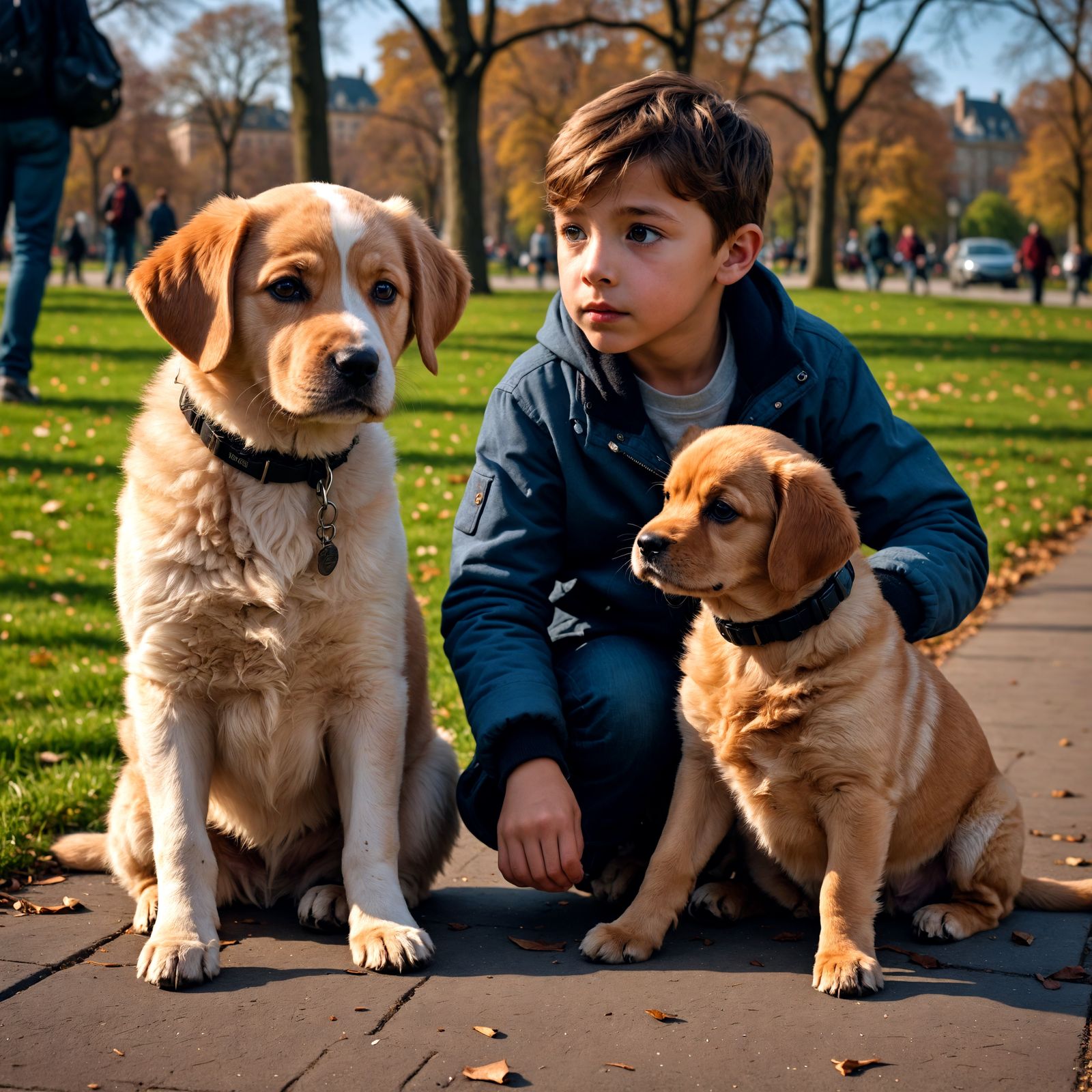 Boy With Puppies in Hyperrealistic City Park