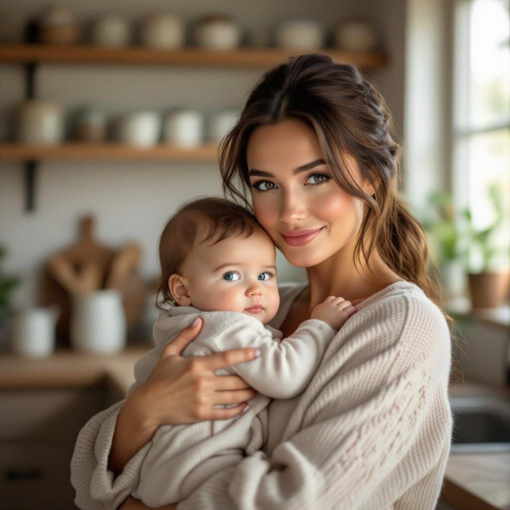 Mother and Baby Embrace in Warm, Photorealistic Portrait