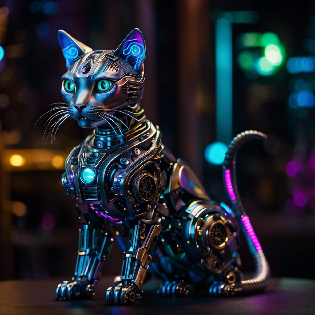 Cyberpunk Robotic Cat with Glowing Eyes