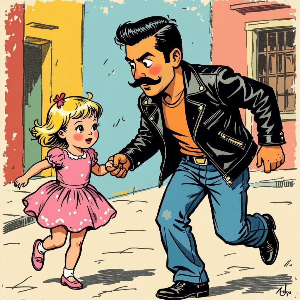 Man Chasing Girl in Style of Comic Art