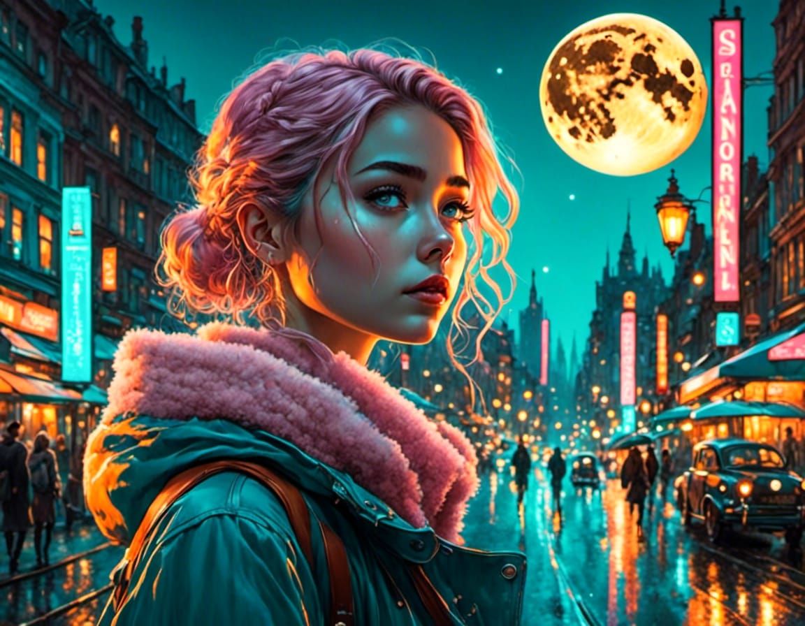 Teenager's Moonlit Stroll in Vivid Cityscape