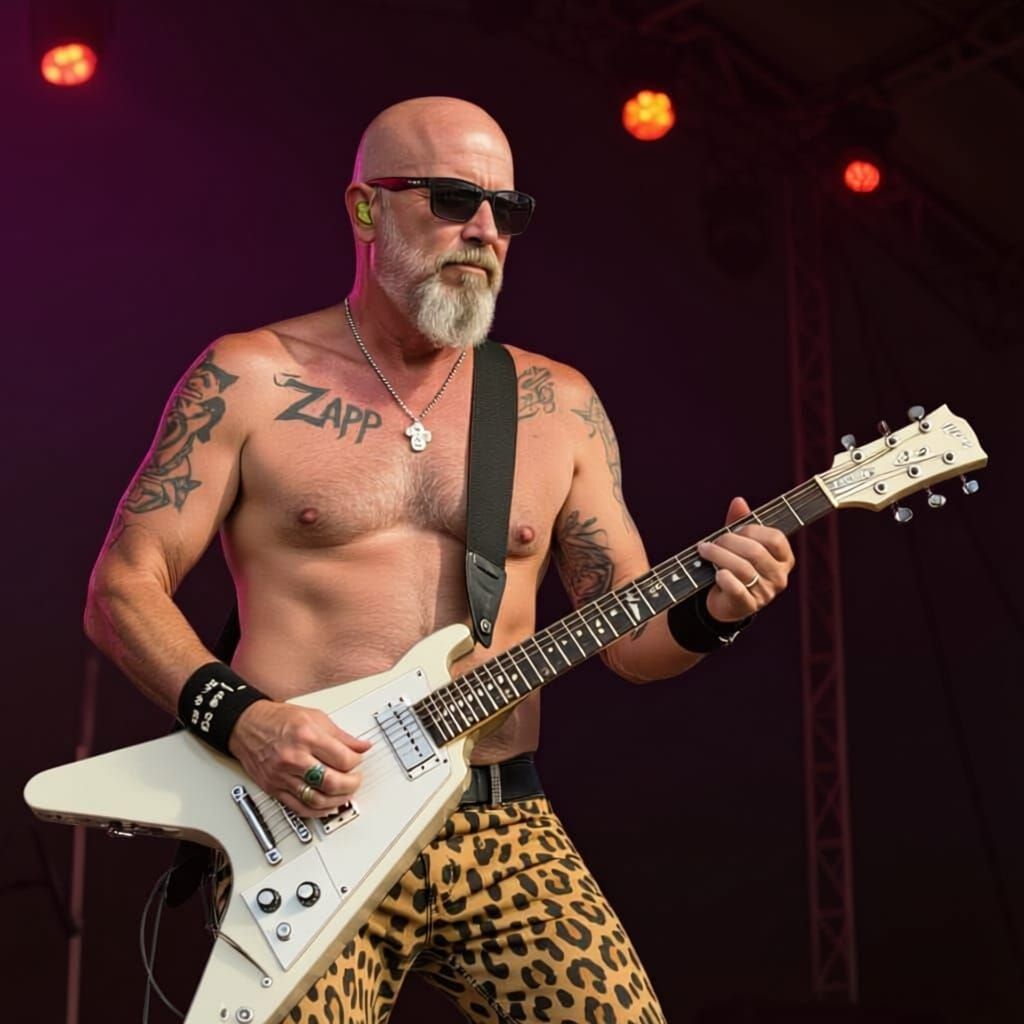 Bald Guitarist in Leopard Leggings with Flying V Guitar