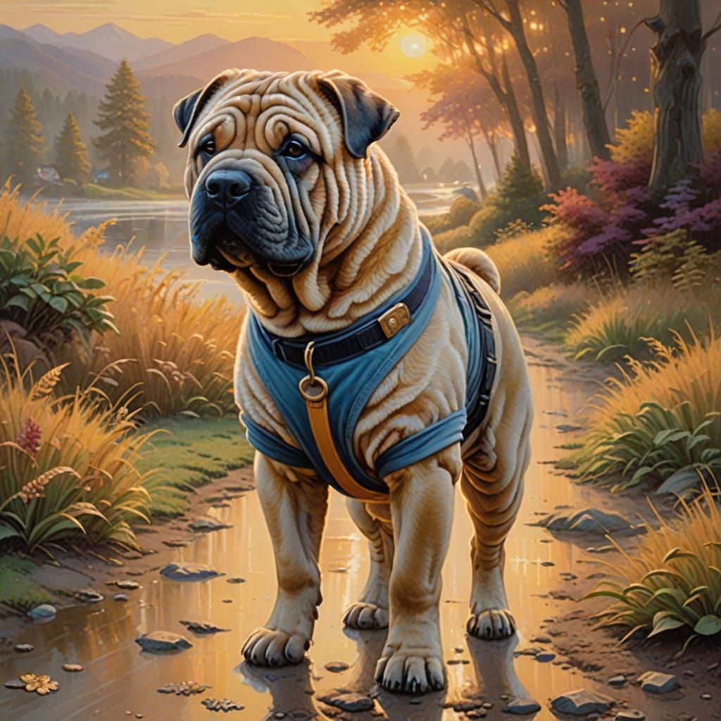 Shar Pei Dog Walks into Sunset: Ethereal Oil Painting