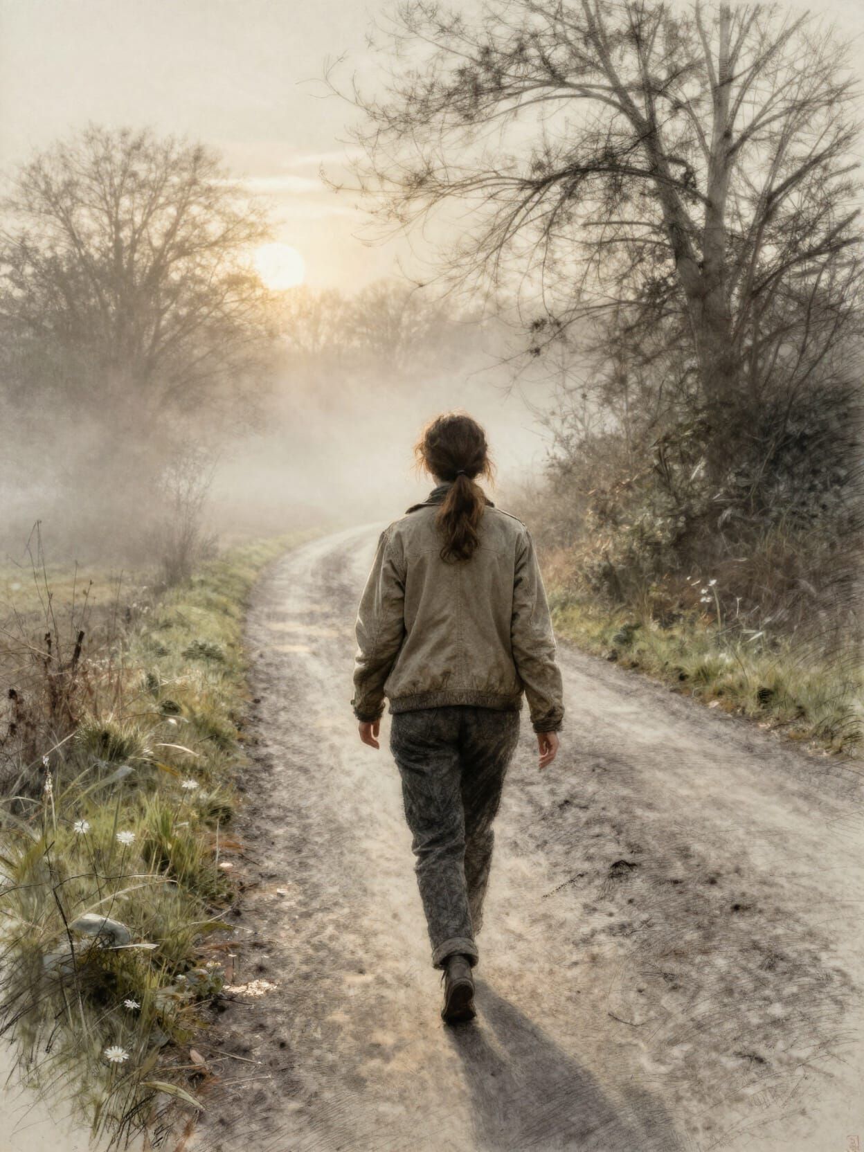 Woman in Mist on Country Road, Goya-Inspired Fantasy Sketch