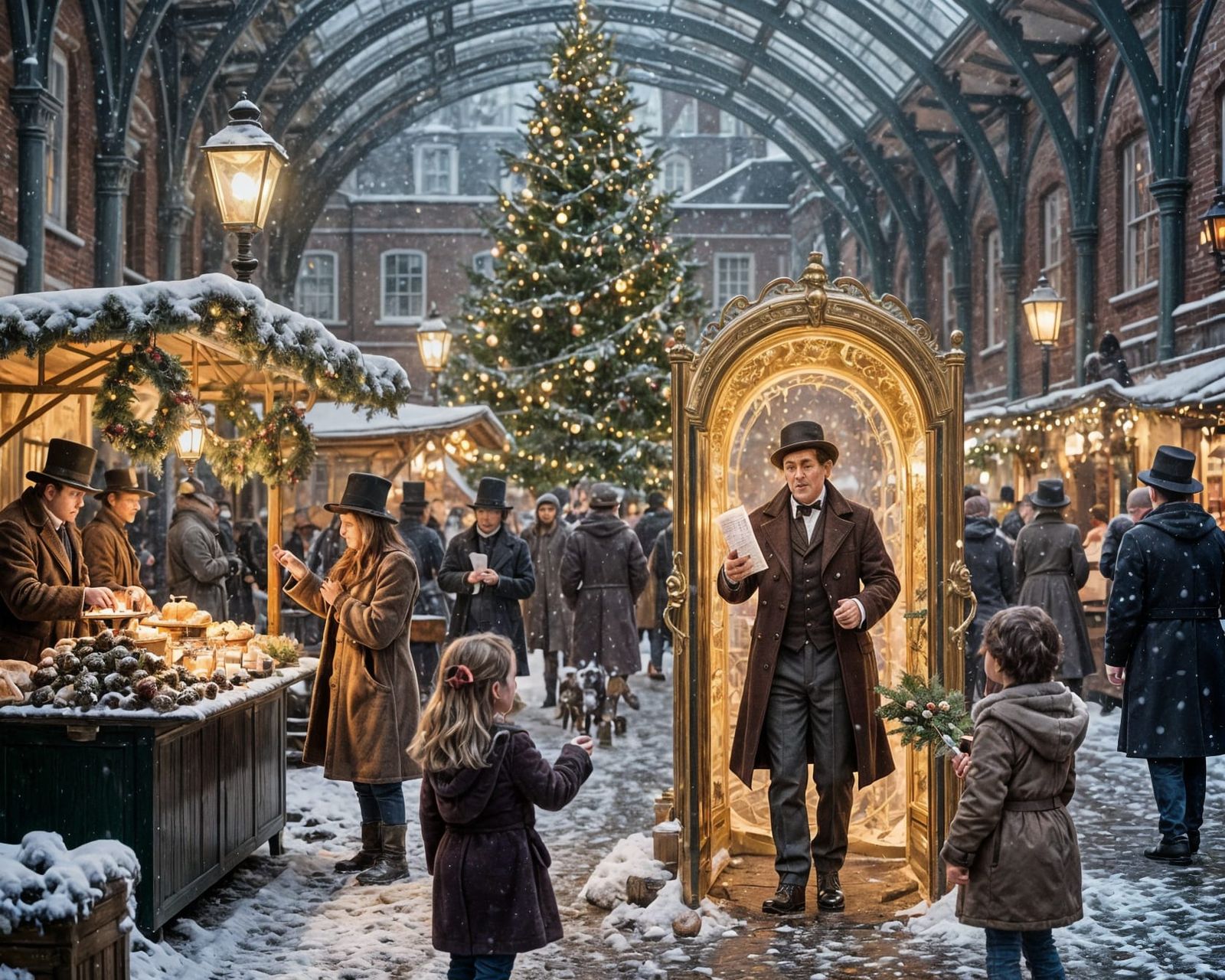 Victorian London Christmas Eve Snow Scene with Time Traveler