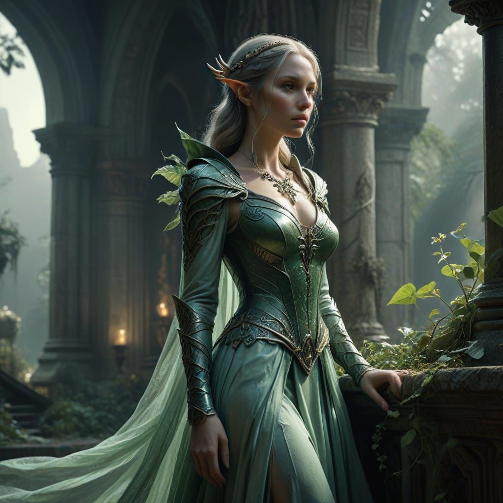 Elegant Elf in Overgrown Church Ruins