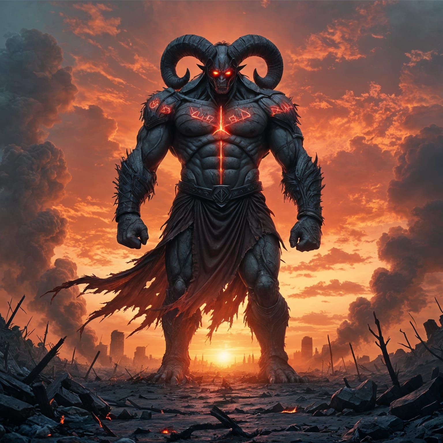 Epic Titan Dominates Crimson Sunset Ruins in Dark Fantasy St...