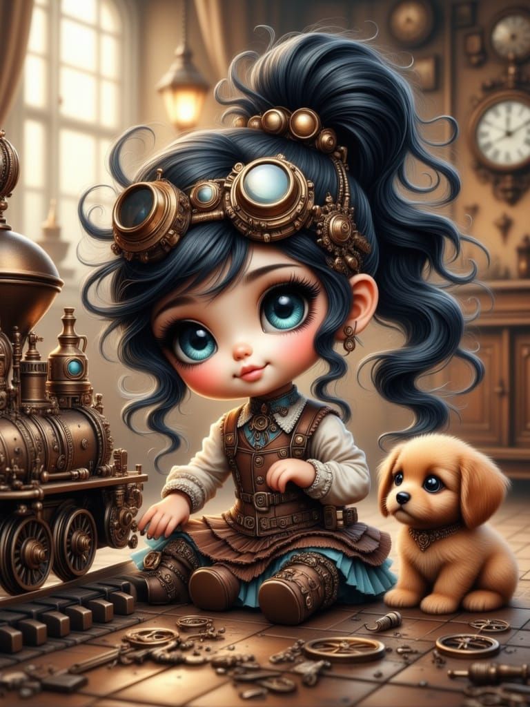 Cute Steampunk Baby Chibi Repairing Toy Train