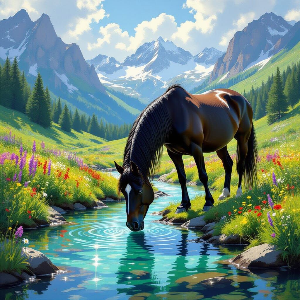 Majestic Black Stallion Drinks From Sparkling Spring in Alpi...