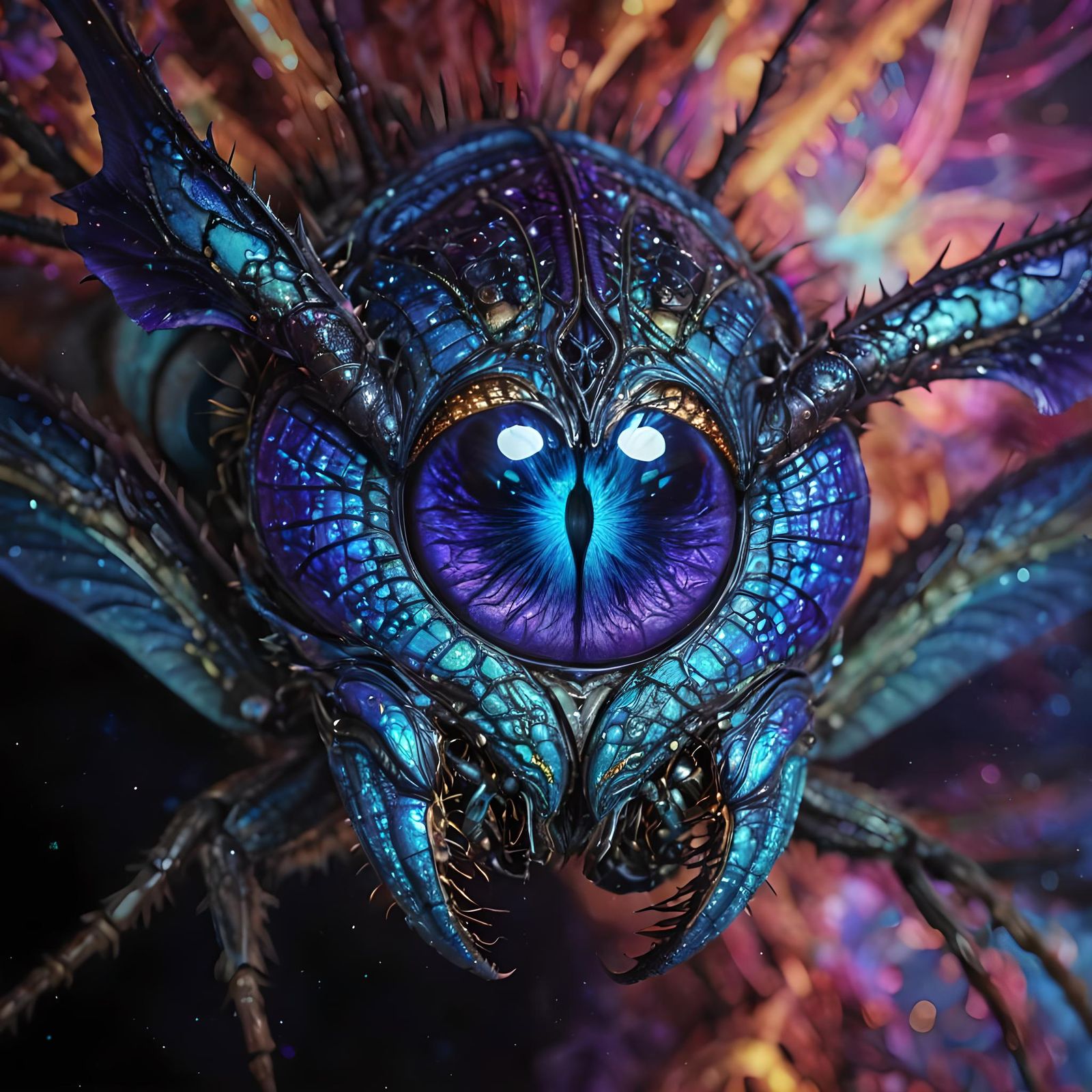 Insectoid Alien Emerges from Neon Fractal Patterns