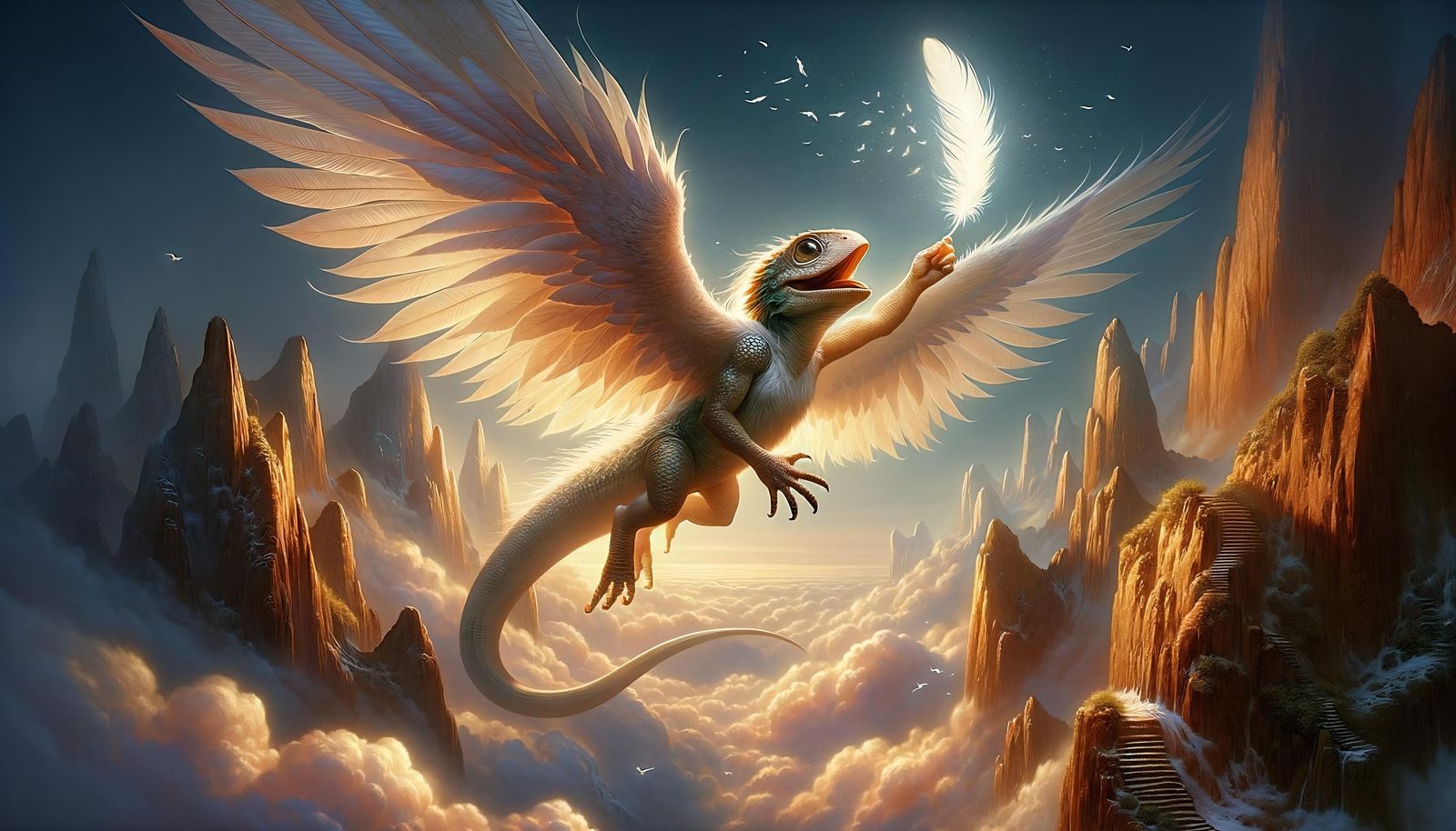Winged Lizard Humanoid Soaring with Glowing Feather
