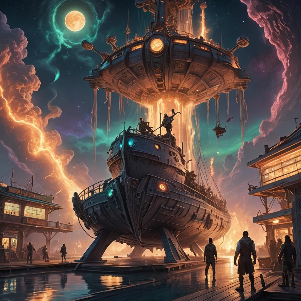 Elven Warship Approaches Moonlit Gas Station