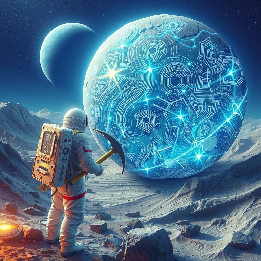 Astronaut Observes Holographic Moon Rock in Synthwave Style