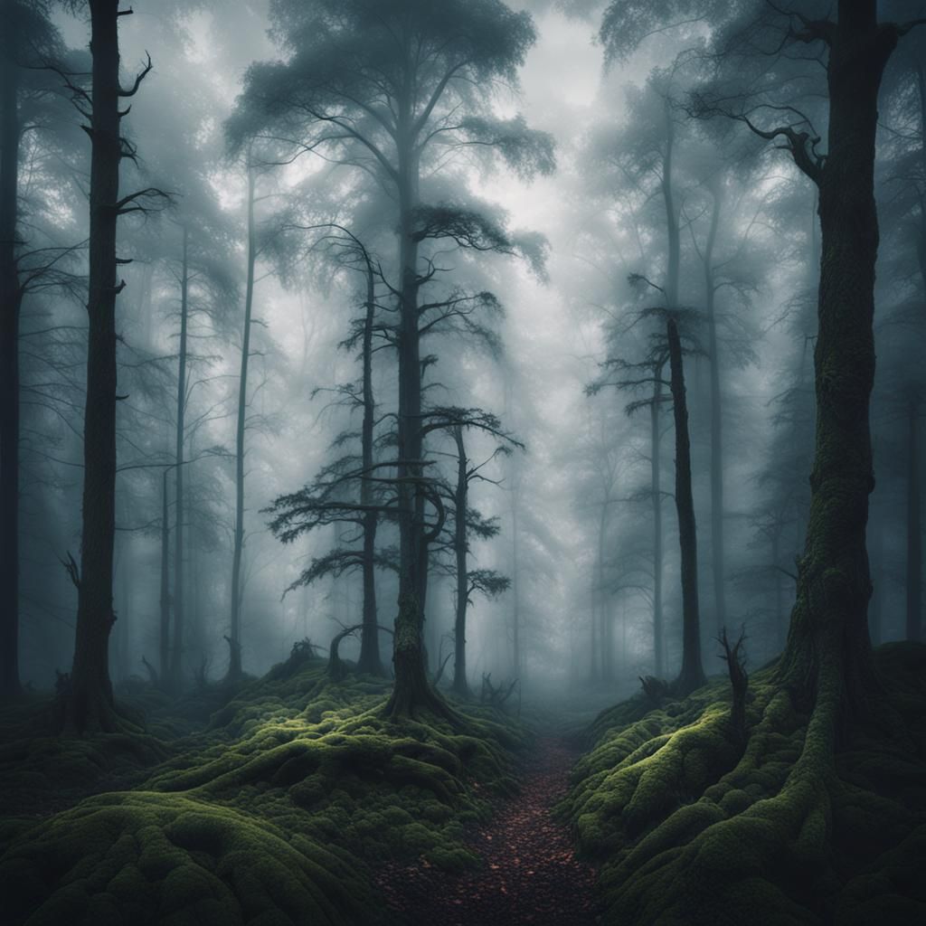 Eerie Forest Cloaked in Mist: Cinematic Film Still