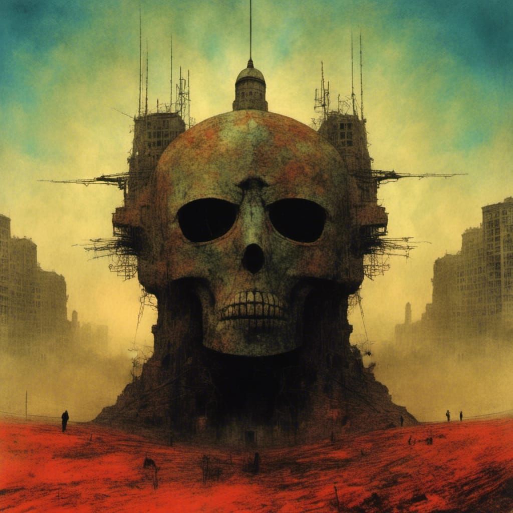 Beksinski-Inspired Dystopian Scene in Vivid Colors