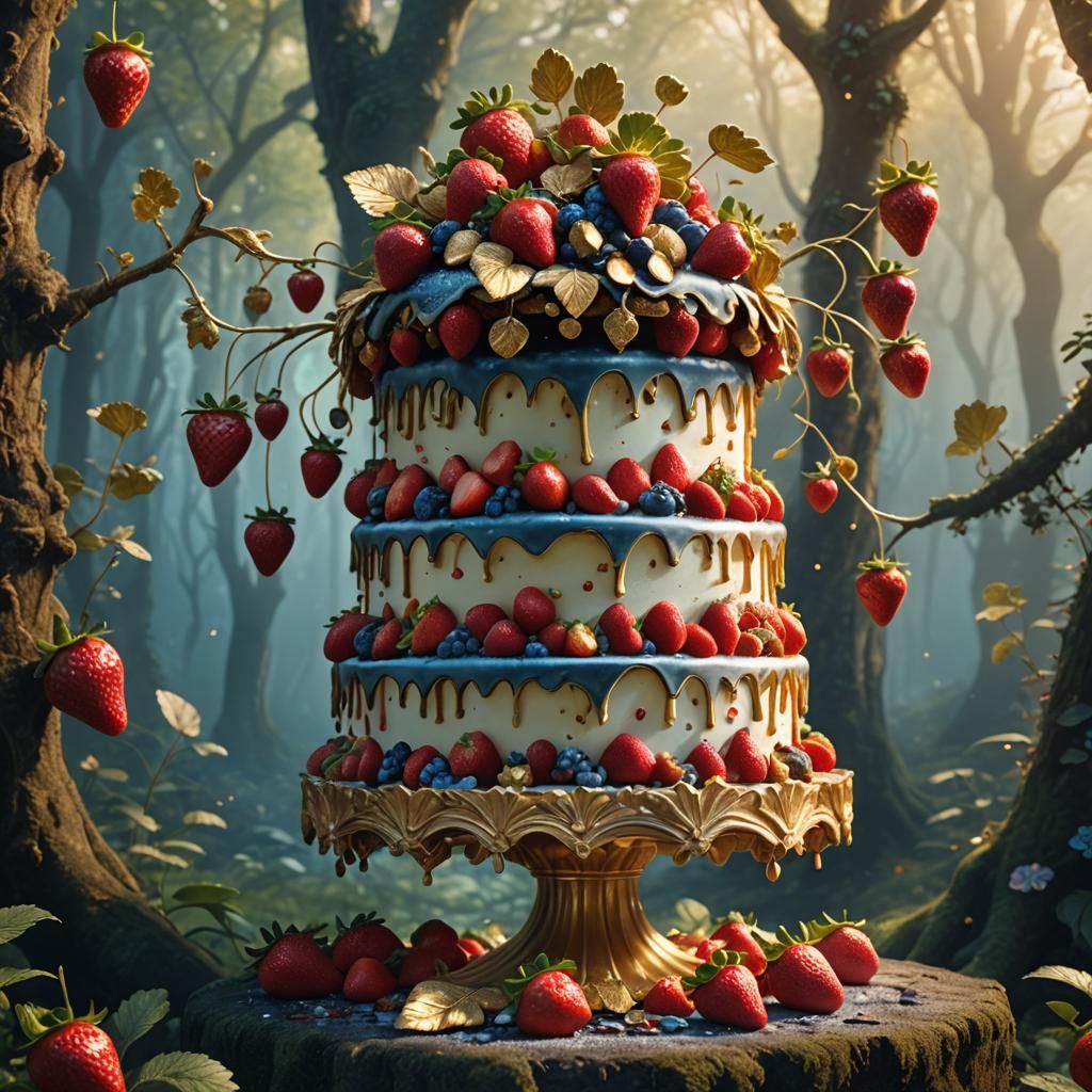 Strawberry Cake in Whimsical Forest, Pixar Style