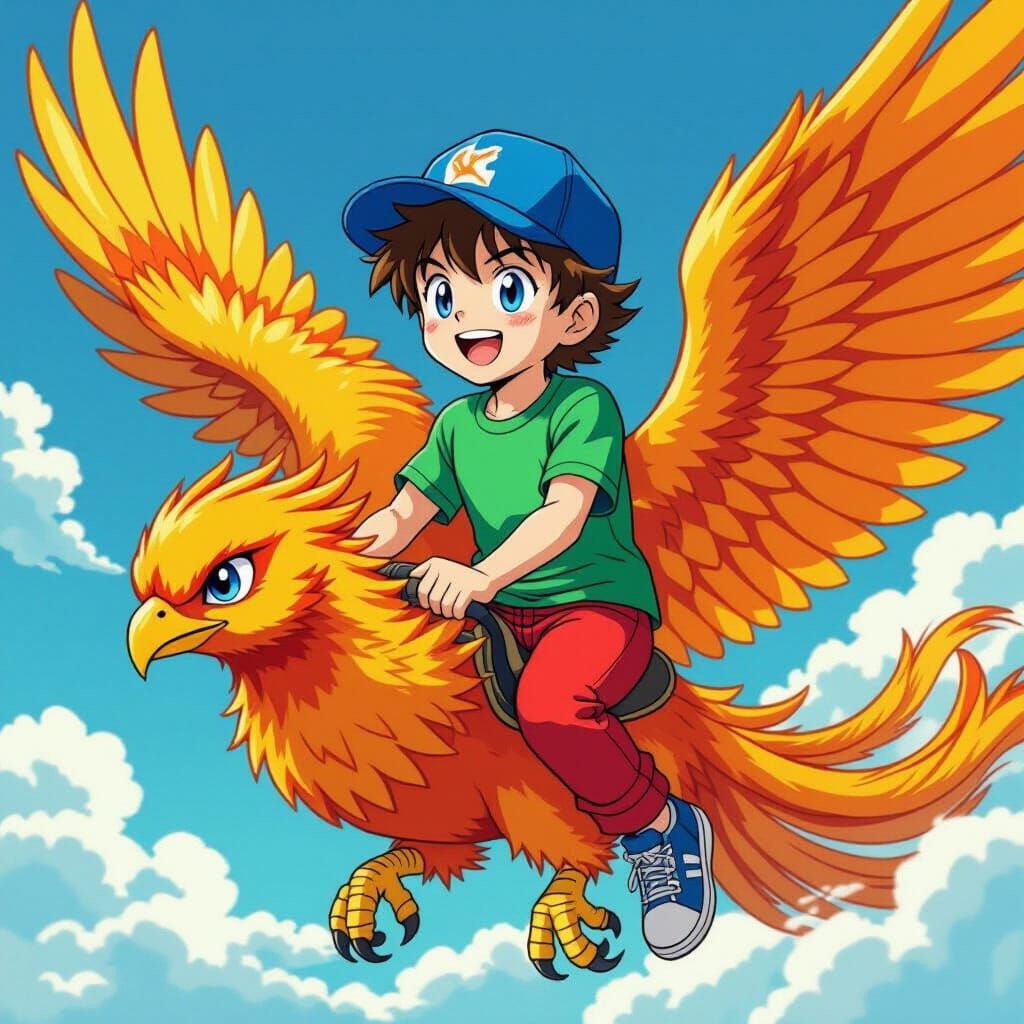 Boy Rides Phoenix in Vibrant Anime Style