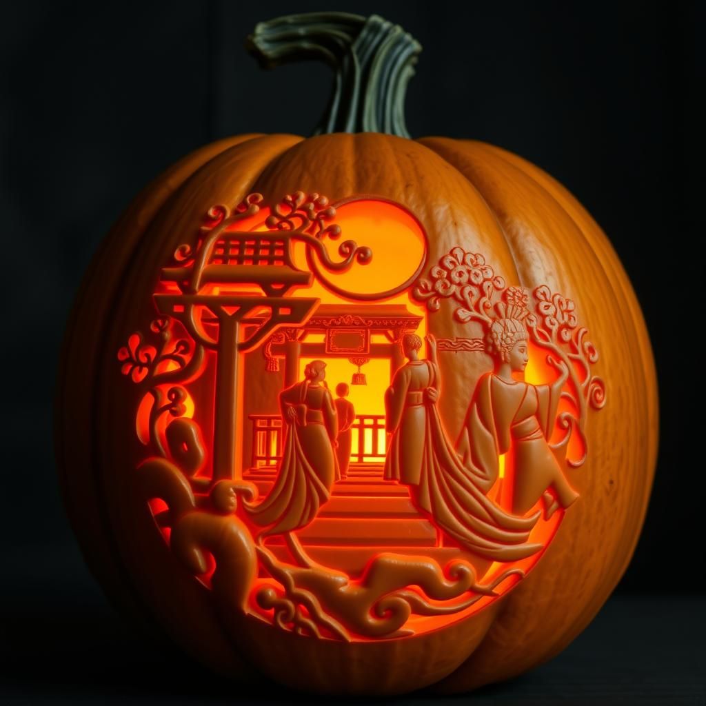 Intricate Geisha Shrine Scene on Jack-o'-Lantern