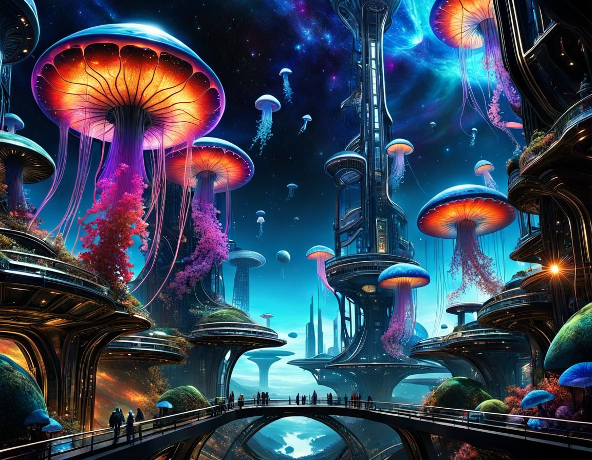 Teslapunk Arcology in Deep Space With Jellyfish