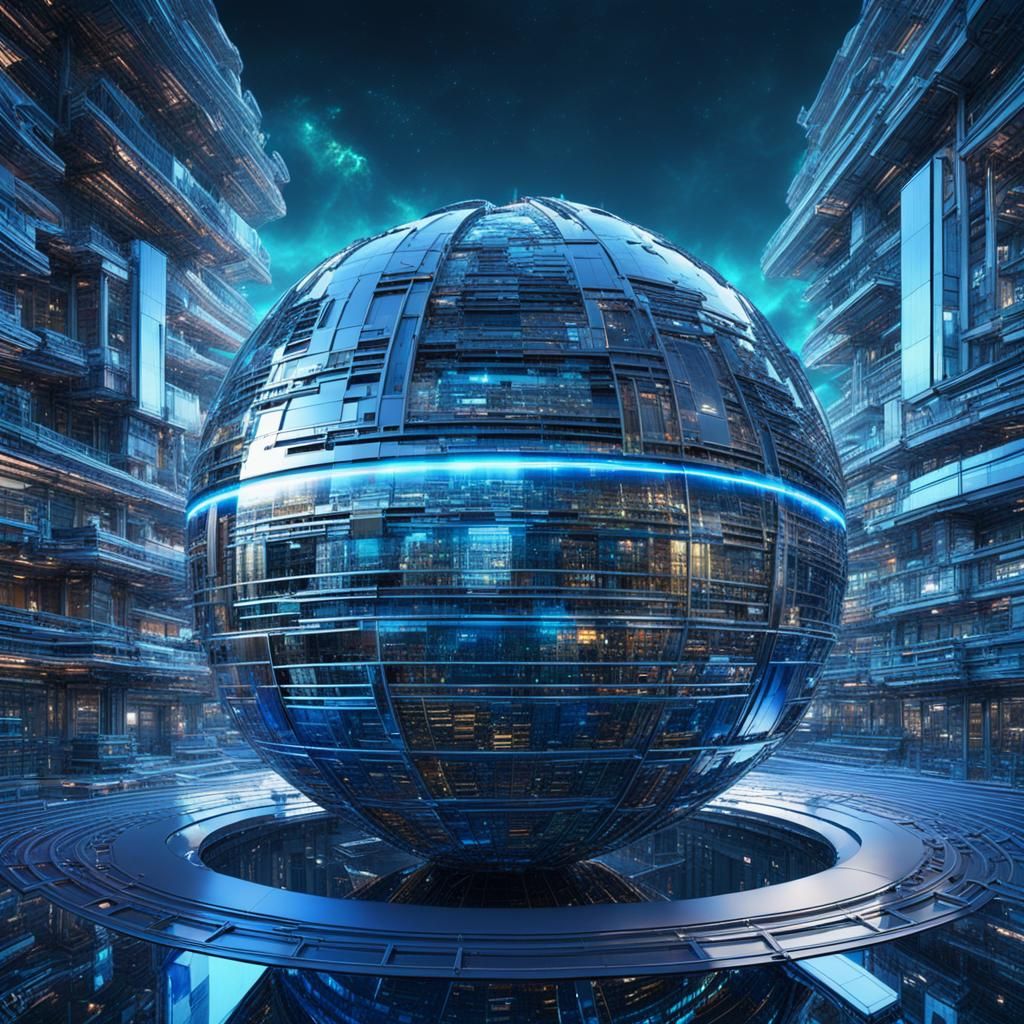 Futuristic Chrome Building in Blue Cyberspace