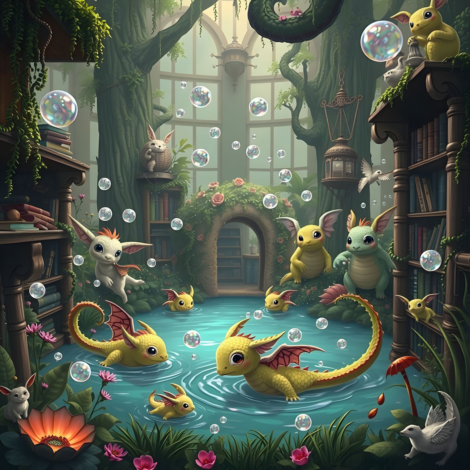 Whimsical Bookshelf Worlds with Chubby Dragons and Shiny Bau...