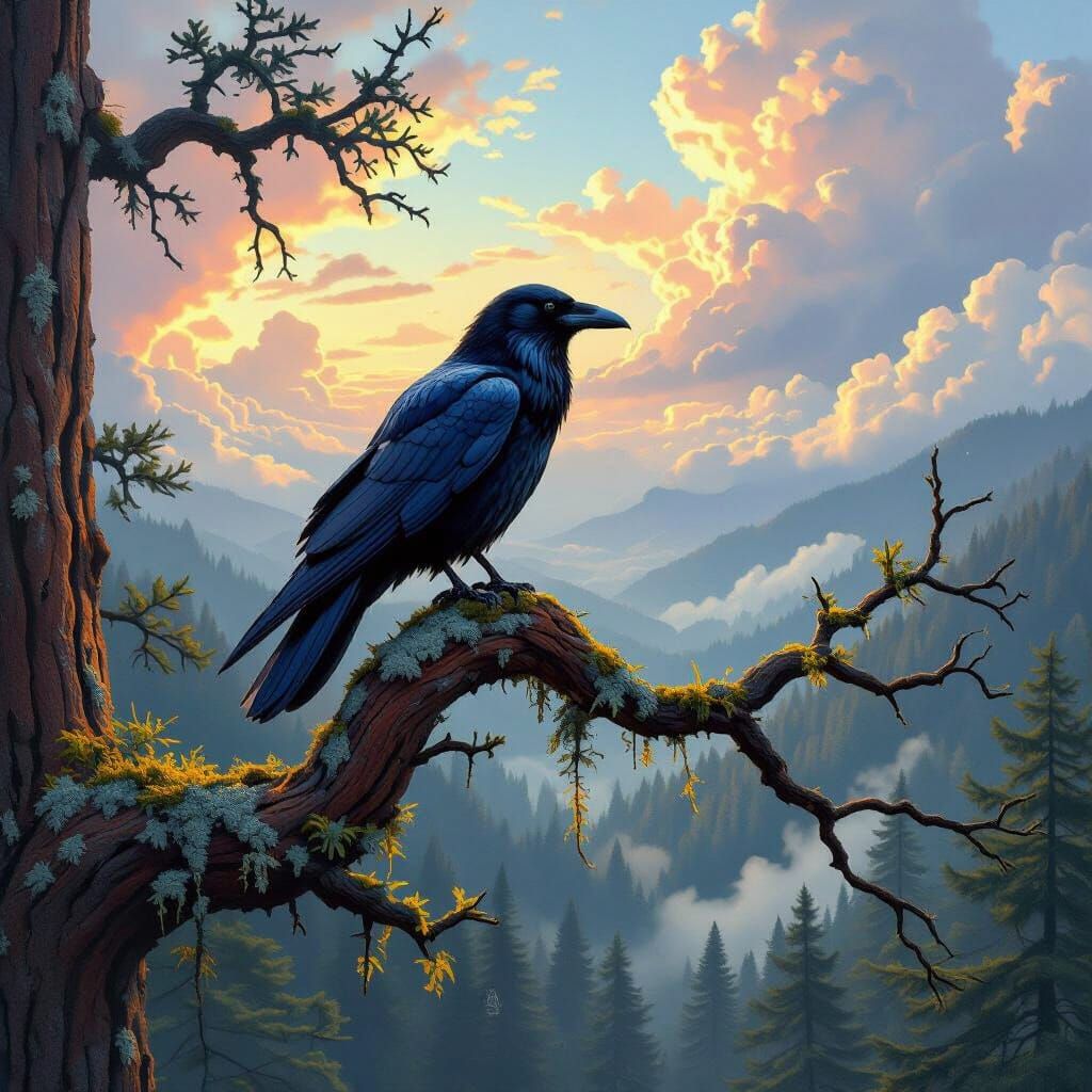 Raven on Redwood Branch Amidst Epic Forest and Clouds