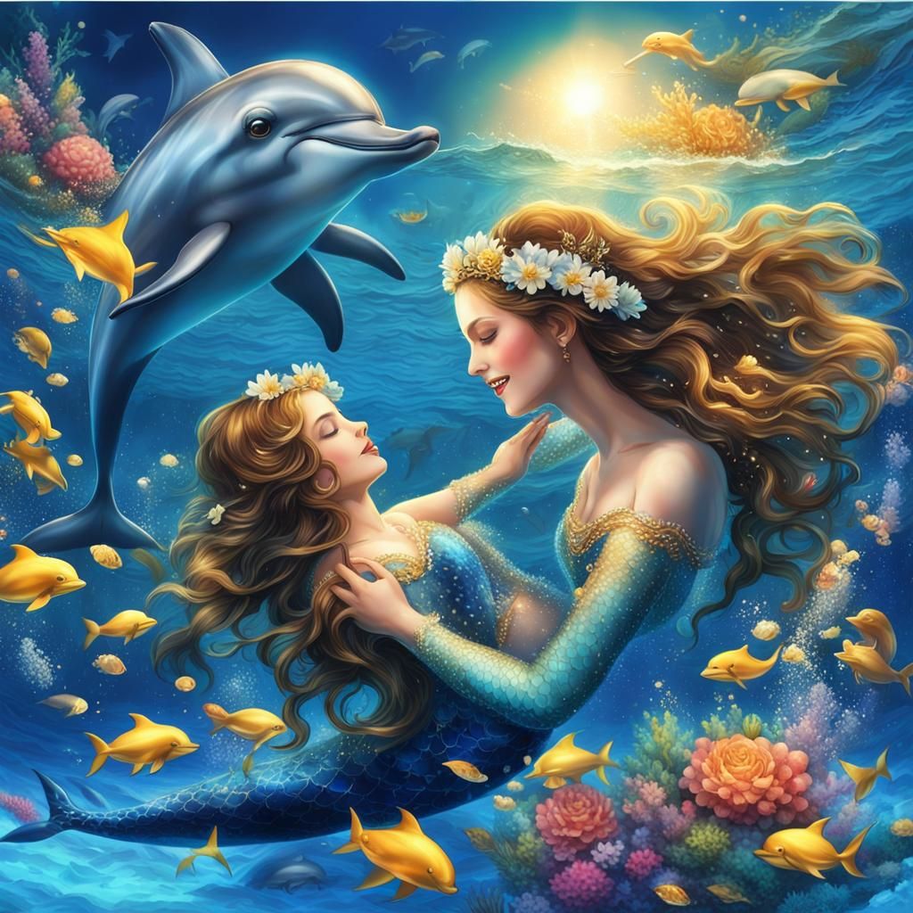 Mermaid's Underwater Playtime in a Colorful Ocean