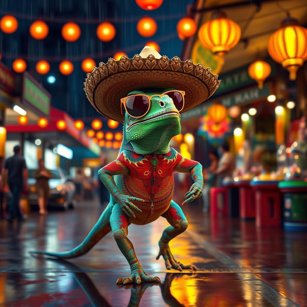 Vibrant Iguana Roams Mexican Market at Night in Cinematic St...