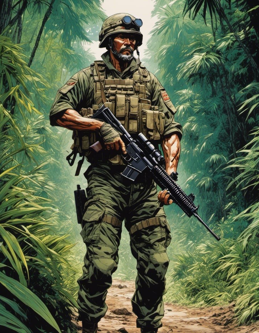 Anime Style Mercenary in Jungle, by Yoji Shinkawa