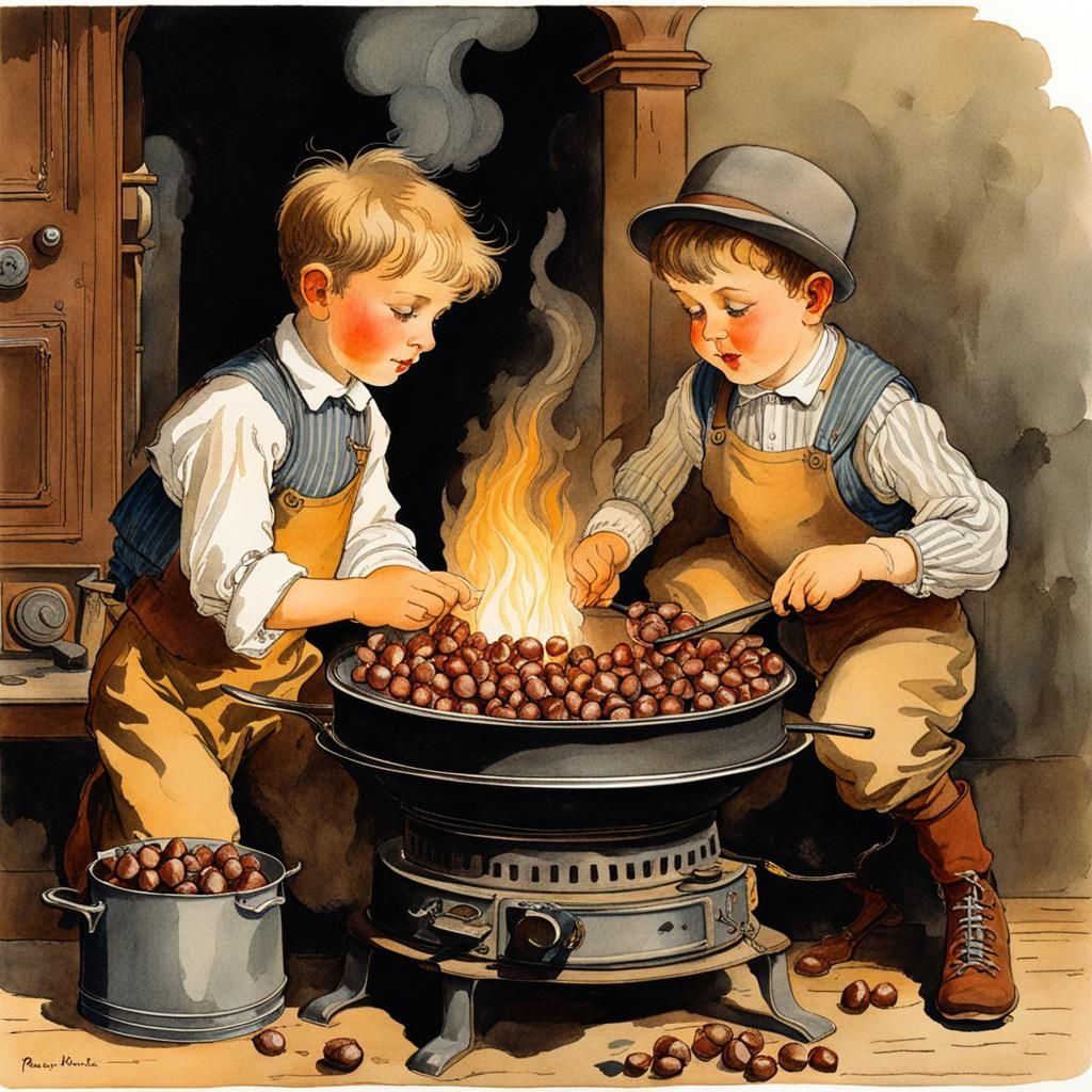 Boys Roasting Chestnuts: Watercolor Ink Drawing