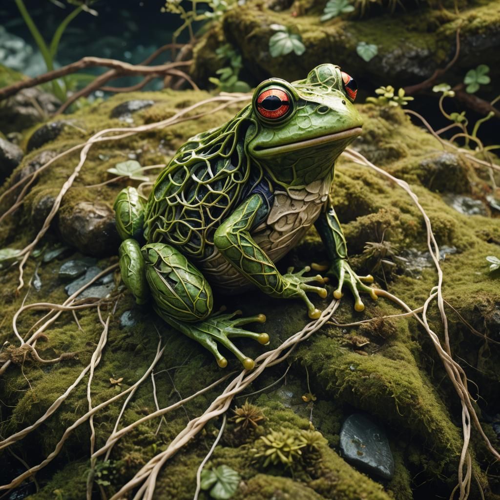 Surreal String Frog on Mossy Rock
