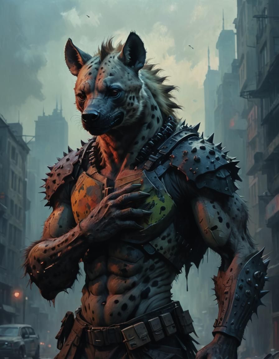 Hybrid Dragon-Hyena in Apocalyptic City, Neo-Impressionist P...