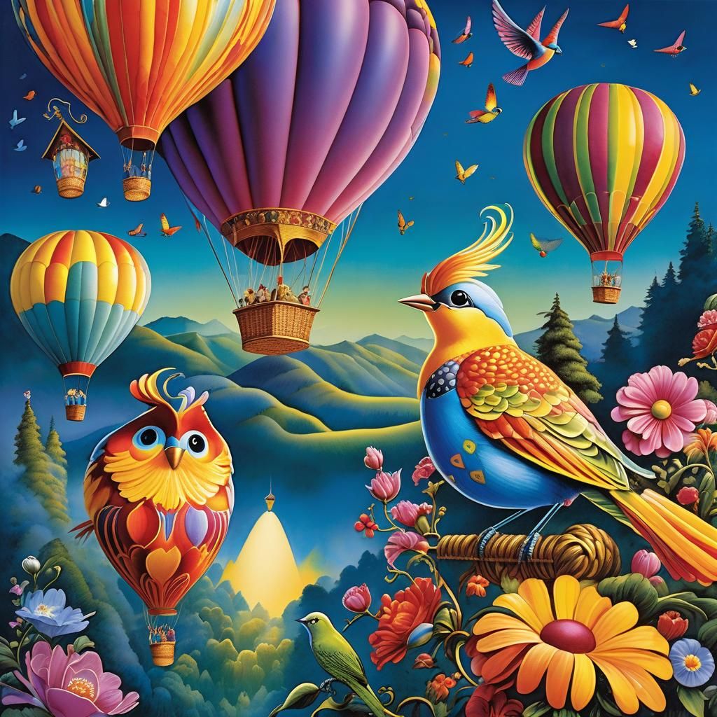 Whimsical Hot Air Balloon Bird Guardians Illustration