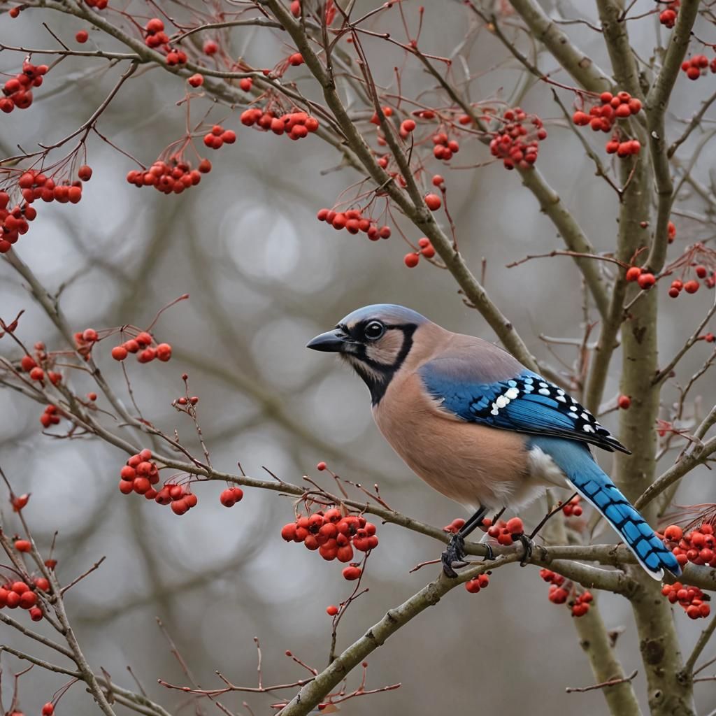 Blue Jay in Rowan Tree: An AI Rendition